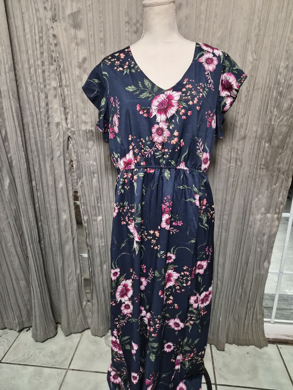Navy Floral V-Neck Maxi Dress with Pink Blooms